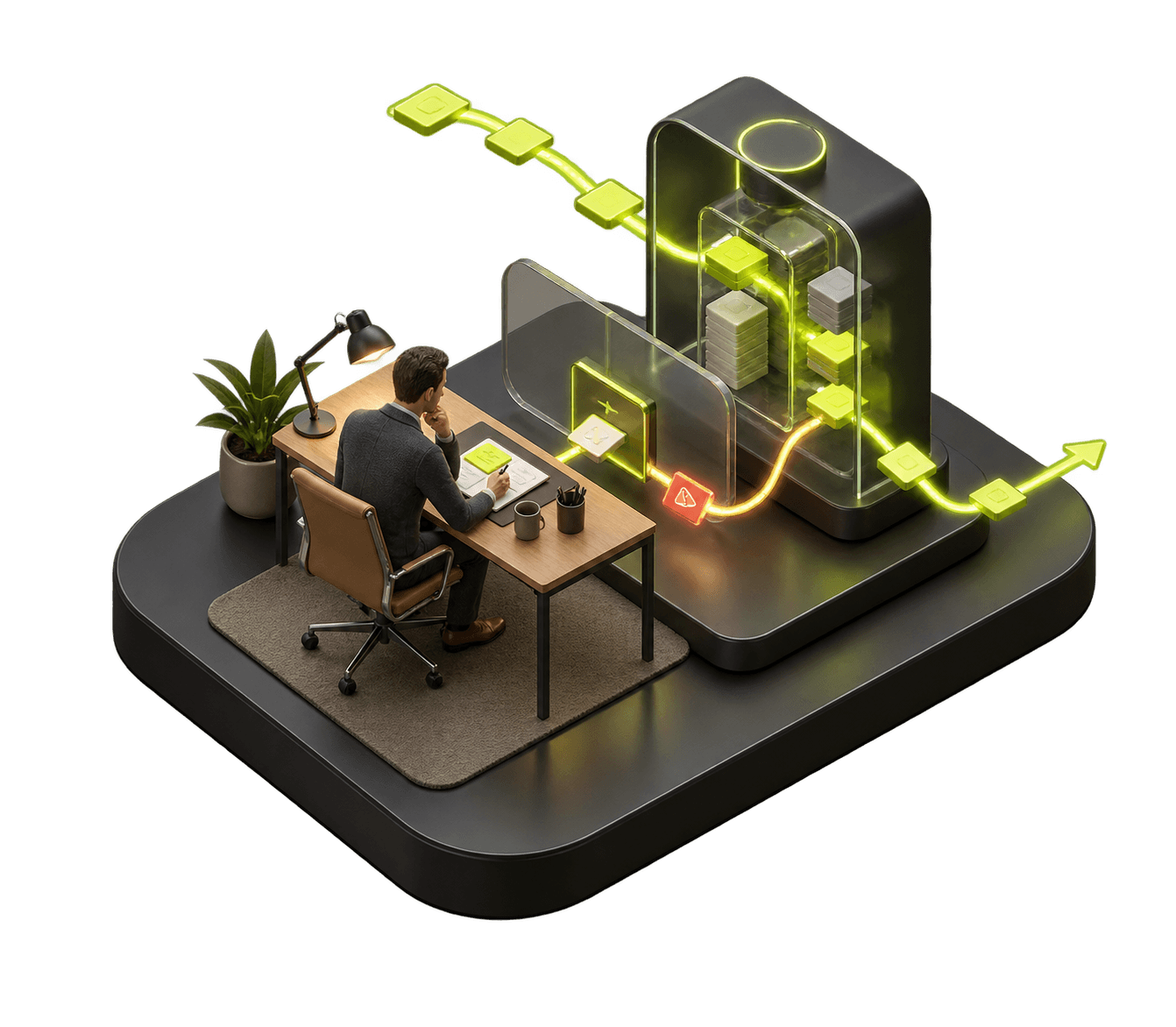 Repeatable work moves through a bounded agent system while exceptions and accountable judgment remain with a person.