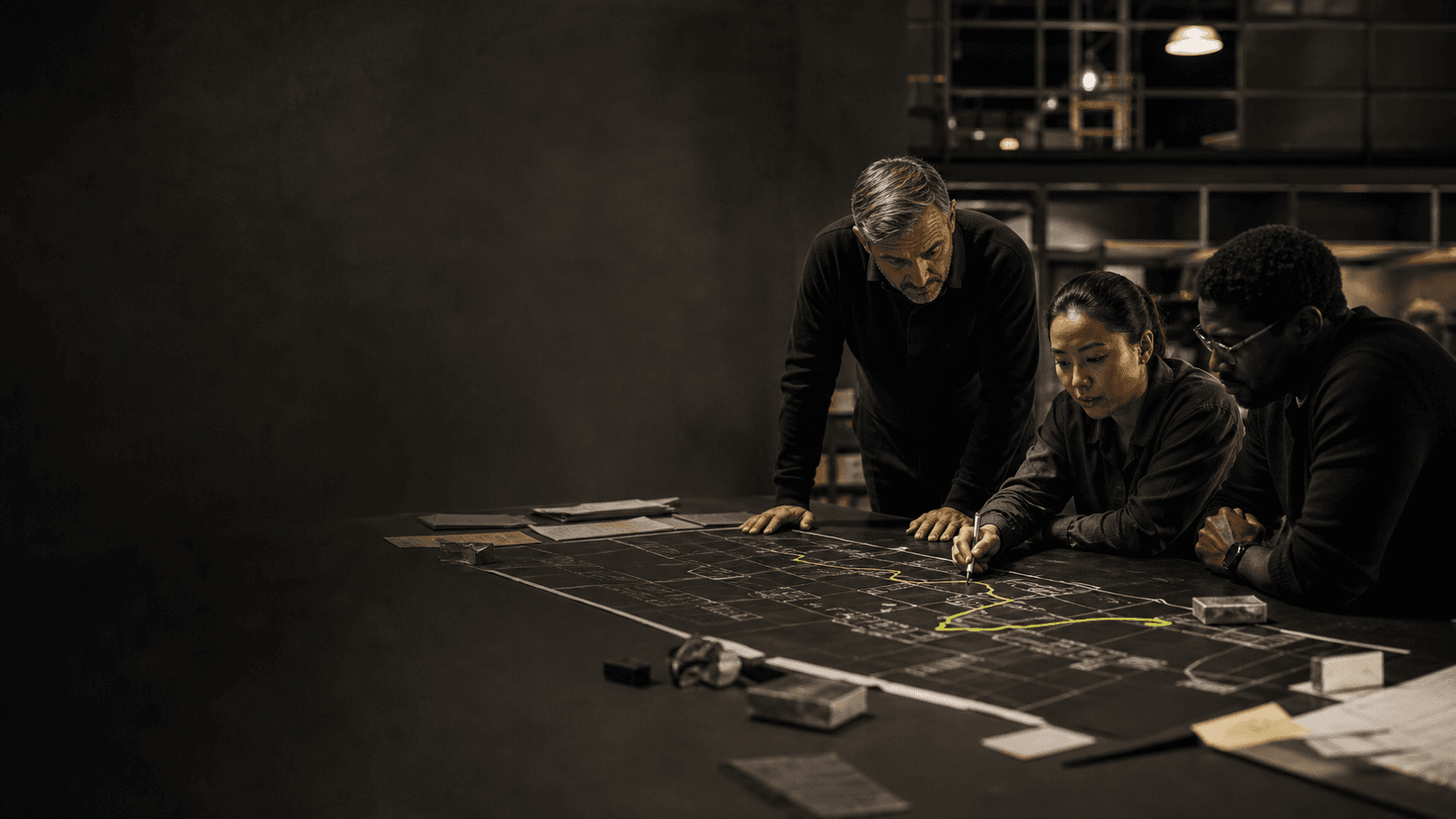 An illustrative work-design session in which leaders trace a workflow and its operating consequences